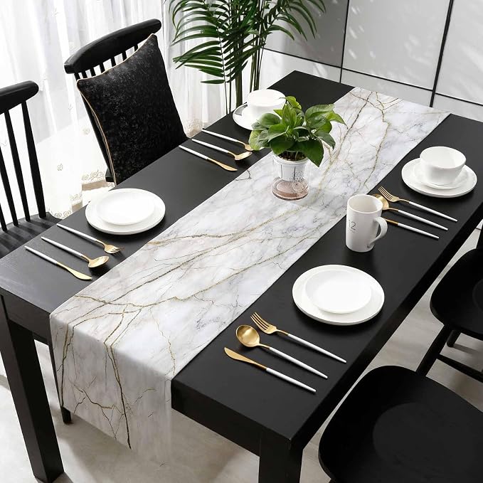 Marble Table Runner-Cotton Linen-Long 72 inche White Gray Gold Dresser Scarves - Image 5
