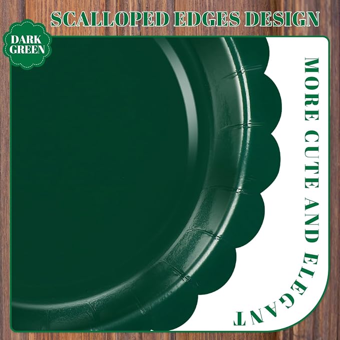 NatNarr 30 Pcs Dark Green Plates 9 Inch Scalloped Green Paper Plates | - Image 3