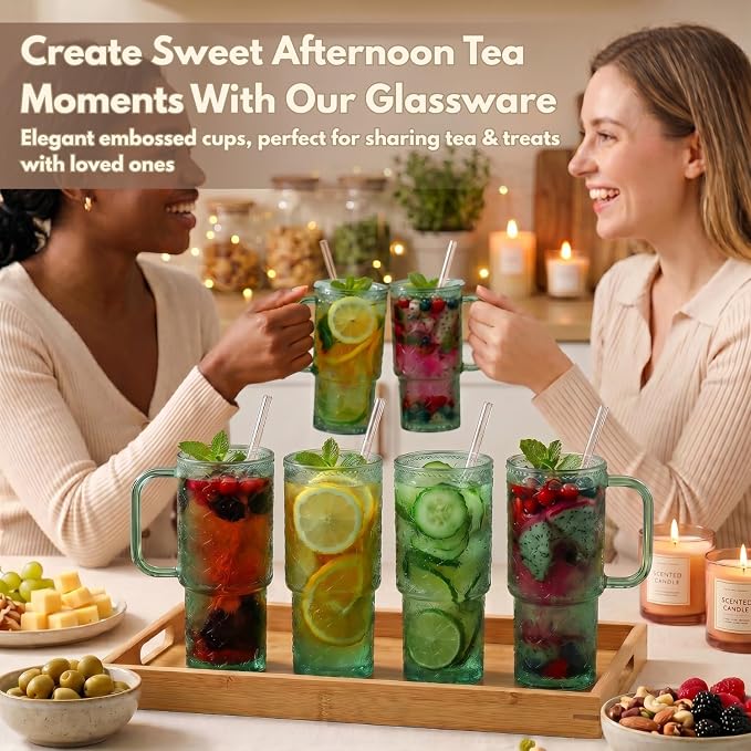 20 oz Green Glass Tumbler with Lid and Straw, Glass Iced Coffee Cups, - Image 4