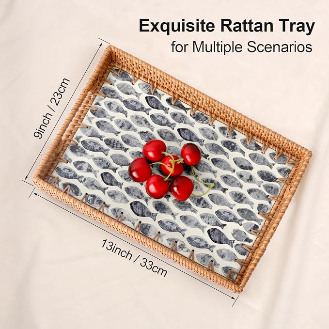 Rectangle Rattan Tray with Mother of Pearl Inlay, Rattan Serving Tray with - Image 9