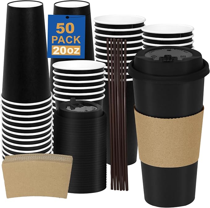 20 oz 50 Pack Coffee Cups with Lids and Sleeves, Hot Disposable To Go Travel by COOLCAP