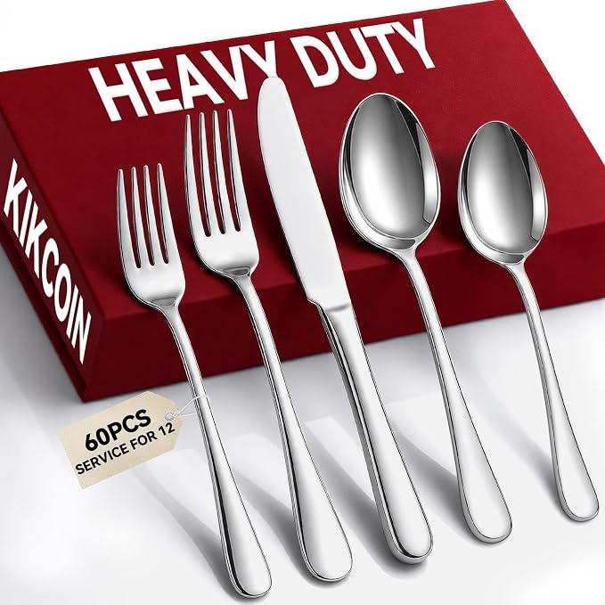 60 Pcs Silverware Set for 12, Stainless Steel Flatware Utensil Cutlery Set | by Kikcoin