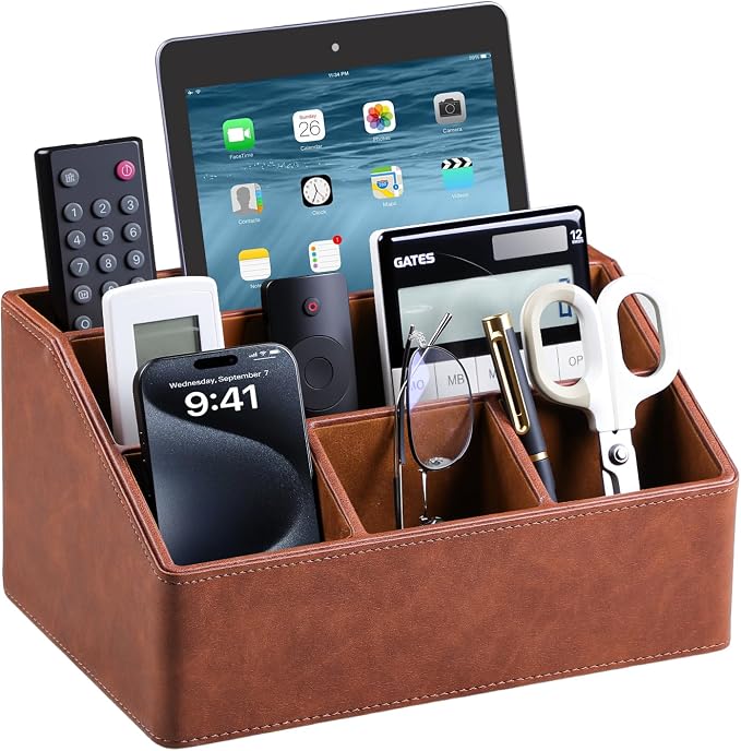 PU Leather Desk Organizer, Remote Control Holder, Office Desk Accessories by MEIBOOCH