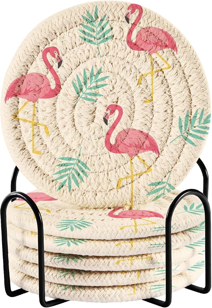 Tropical Flamingos Leaves White Print Coasters by Unknown