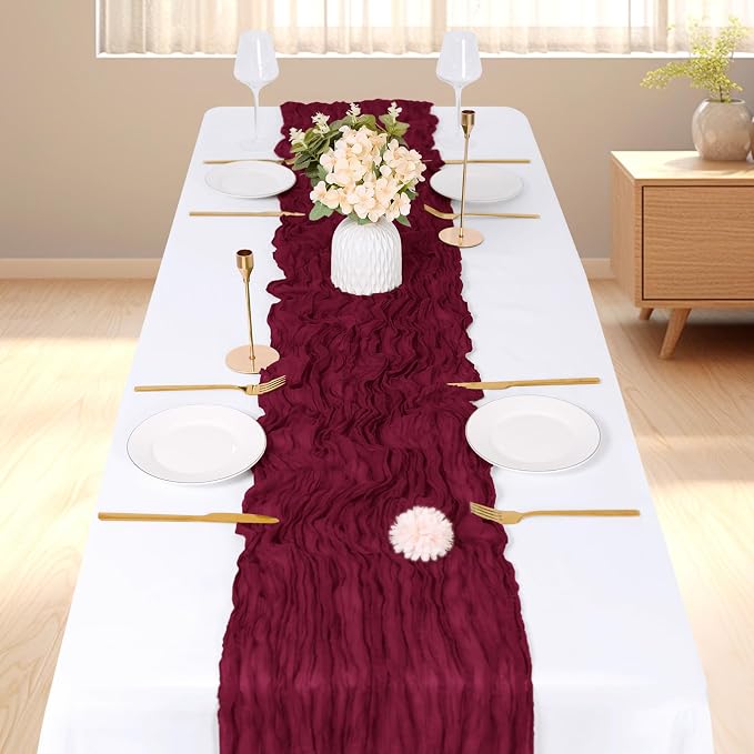 6 Pack Burgundy Cheesecloth Table Runner, 17 x 108 inch, Semi Sheer Boho Cheese - Image 2