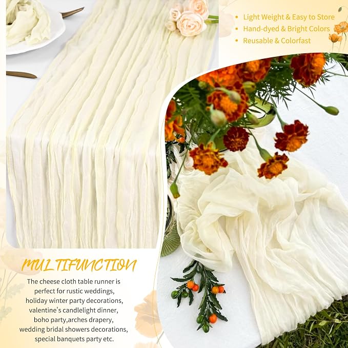 Showgeous 4 Pack Ivory Cheesecloth Table Runner, 17 x 108 Inches | Boho - Image 5