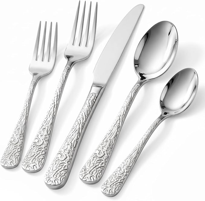 20 Piece Embossed Silverware Set, Stainless Steel Flatware Set by Unknown