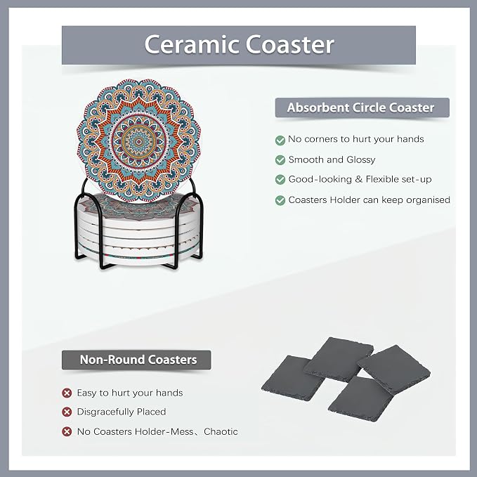 Drink Coasters Set of 6 with Holder, Mandala Boho Flower Absorbent Ceramic - Image 4