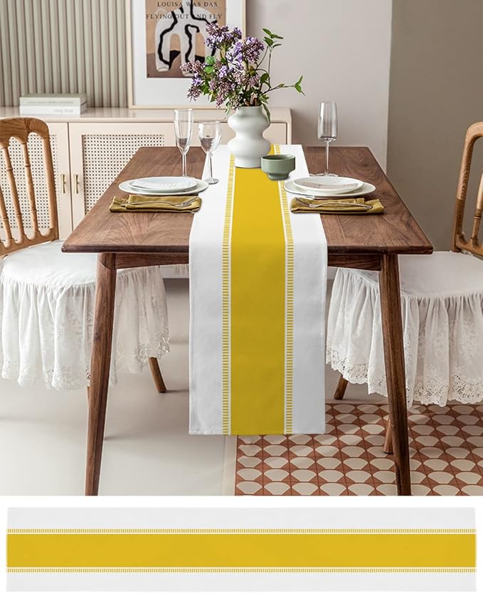 Yellow Table Runners 108 inches Long, Modern Stripes Table Runner Farmhouse - Image 3