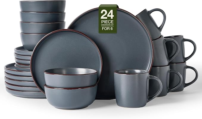 Famiware Mercury 24-Piece Stoneware Plates and Bowls, Charcoal | Dinnerware Set by Famiware