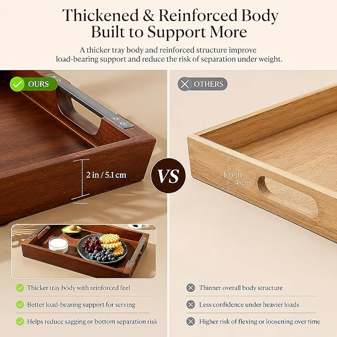 Acacia Wood Serving Tray with Metal Handle, 17x13in Tray - Image 3