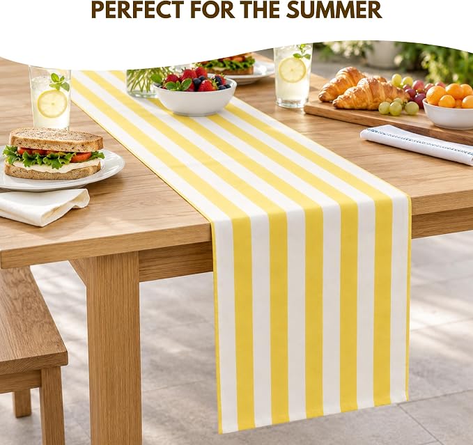 Folkulture Fall Table Runner 90 Inches Long | Yellow & White Striped | Table - Image 4