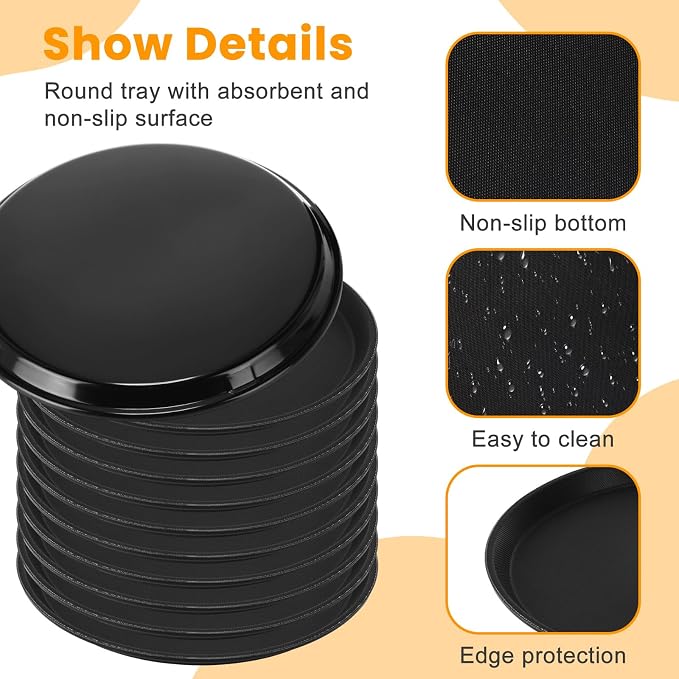 12 Pcs Black Restaurant Serving Trays Bulk Plastic Non Slip Surface Round Drink - Image 5