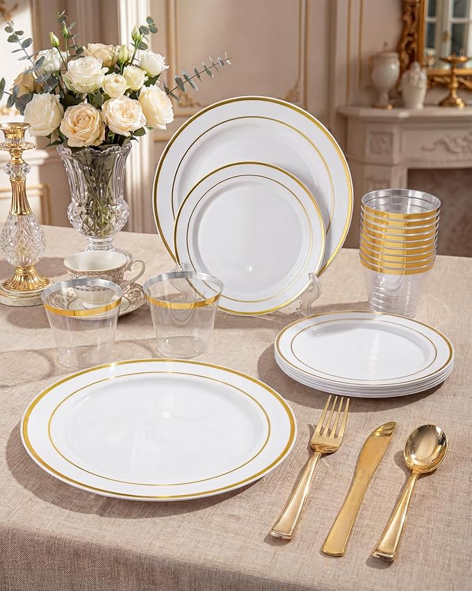 bUCLA 600Pcs White and Gold Plastic Plates - Image 8