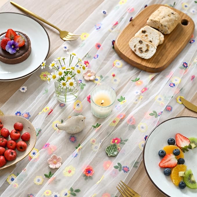 Artoid Mode Embroidery Daisy Spring Gauze Table Runner 59x120 Inch 10FT | - Image 3