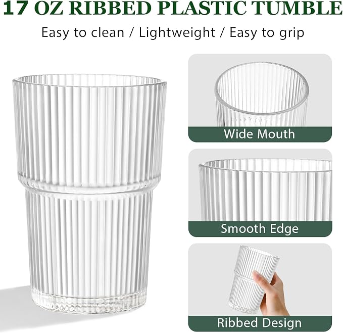 REALWAY 17oz Ribbed Plastic Glasses, Unbreakable Acrylic Drinking Cups – Clear - Image 6
