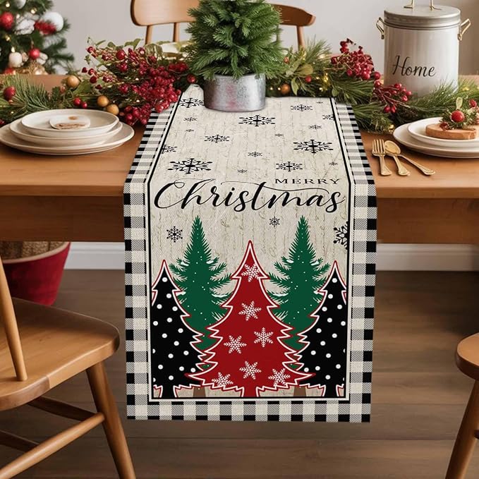Christmas Trees Table Runner 48 Inches Long, Xmas Snowflake Retro Table Runners - Image 2