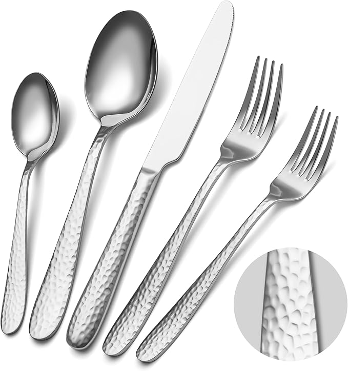 Hammered Silverware Set, EIUBUIE 40-Piece Stainless Steel Flatware Set by EIUBUIE