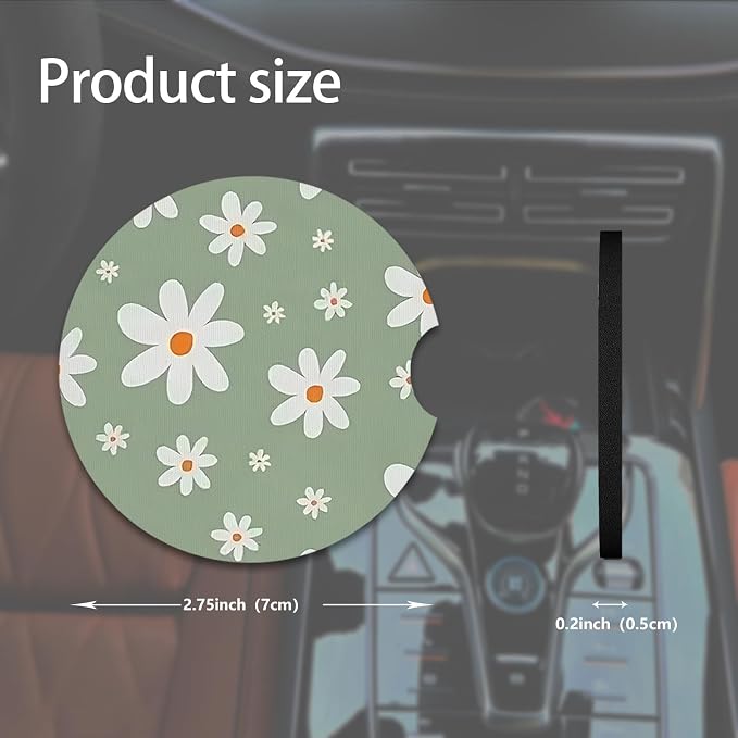 2pcs Cute White Flowers Car Coasters, Absorbent Universal neoprener Cup Holder - Image 2