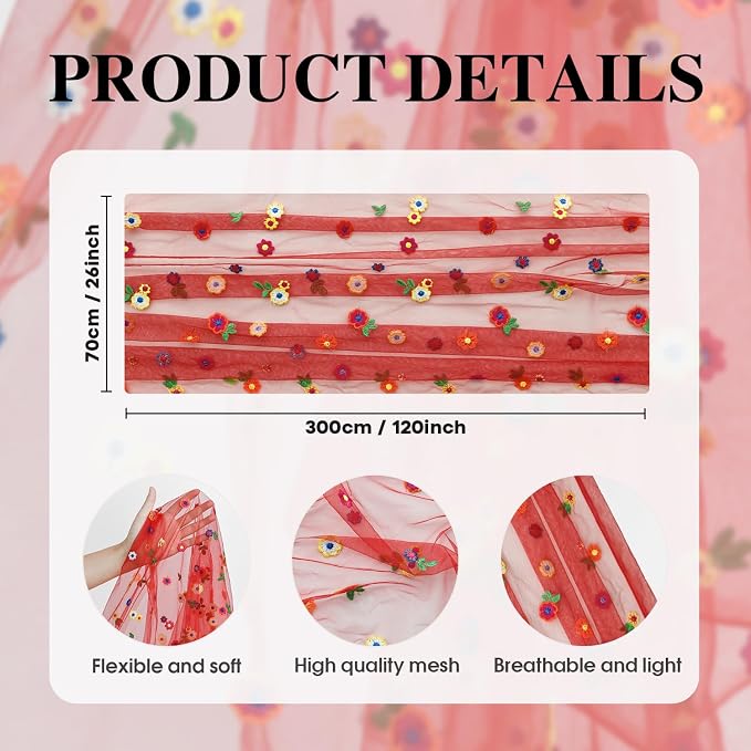 Artoid Mode 3PCS Red Embroidery Daisy Gauze Table Runner 120 Inch 10FT | - Image 7