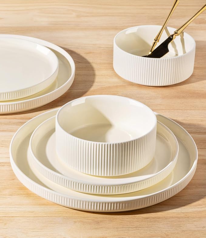 Ceramic Dinnerware Set for 4, 12-Piece Plates and Bowls Set | Lightweight - Image 4