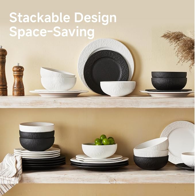 Black Dinnerware Sets, 12-Piece plates and bowls sets, Matte Marble | Premium - Image 6