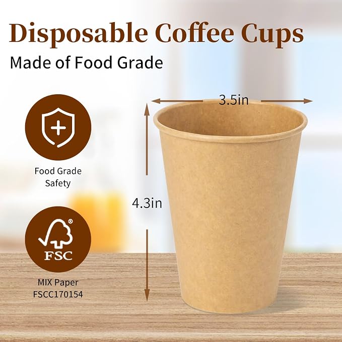 RACETOP 12 oz 100 Pack Kraft Unbleached Disposable Coffee Cups | Natural Kraft - Image 6
