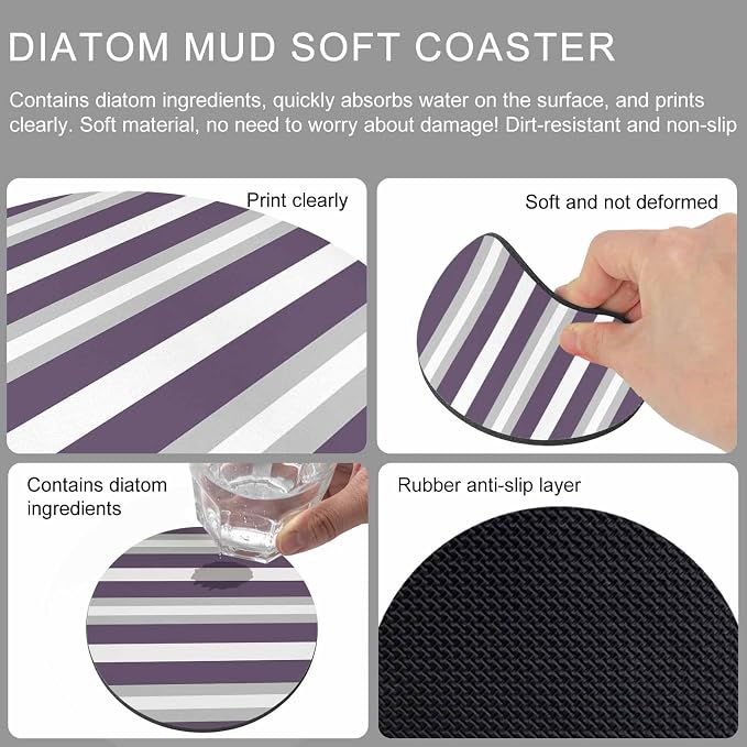Purple Grey Stripe Coasters Set of 6, Minimalist Farmhouse Striped Soft - Image 9