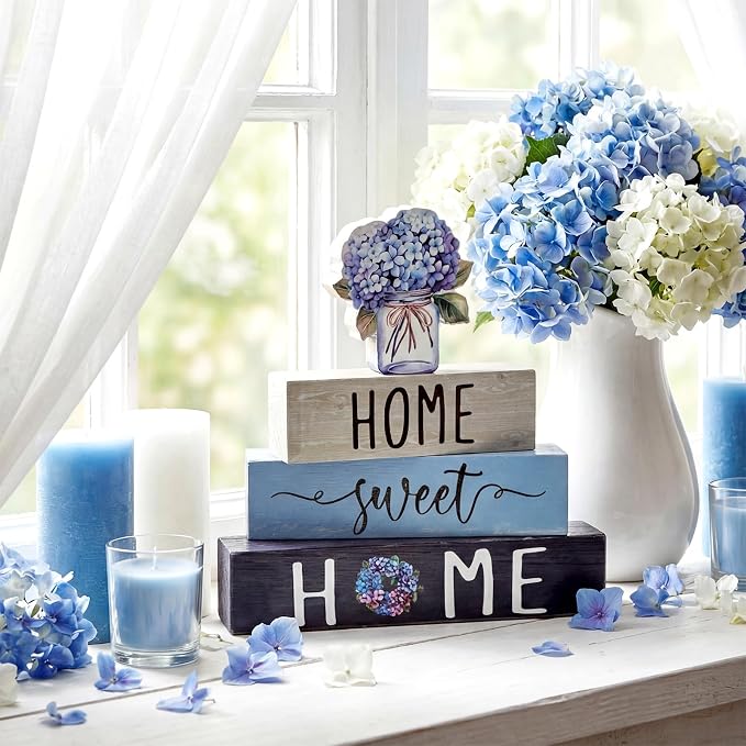 Cinnvoice 4 Pcs Farmhouse Wooden Tabletop Decor Blue Hydrangea Spring Rustic - Image 2