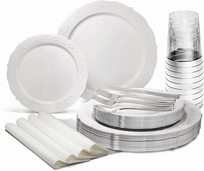 " OCCASIONS " 640 Piece set-Vintage Wedding Party Disposable Plastic Plates & by OCCASIONSFINESTPLASTICTABLEWARE