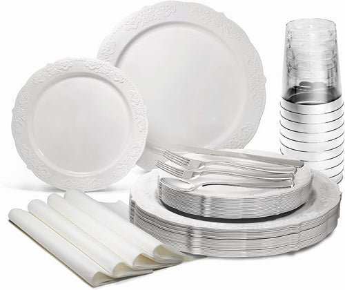 " OCCASIONS " 640 Piece set-Vintage Wedding Party Disposable Plastic Plates & by OCCASIONSFINESTPLASTICTABLEWARE