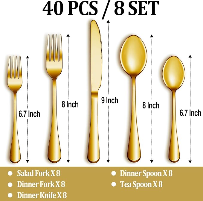 40 Pcs Gold Silverware Set Service - Image 2
