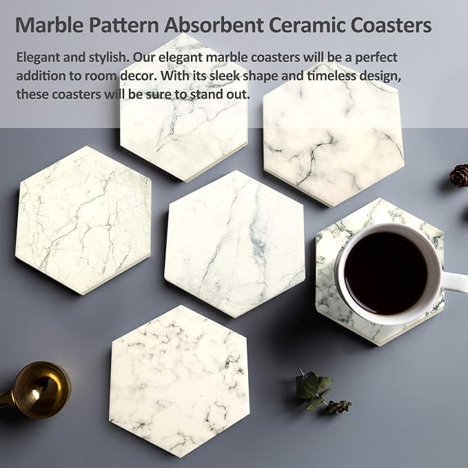 8 Pcs Drink Coasters with Metal Holder Stand, Marble Design Ceramic Coaster Set - Image 4