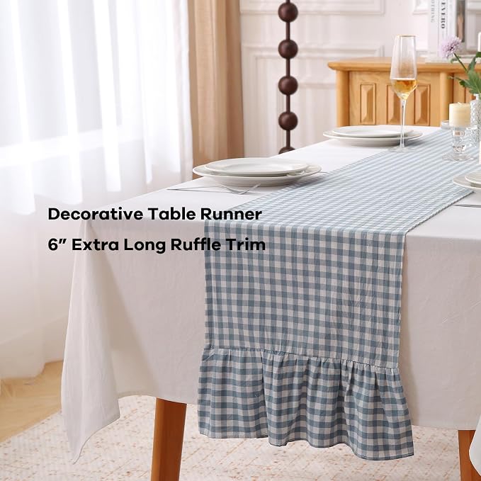 Dust Blue White Plaid Gingham Ruffle Table Runner 120 inches Long Christmas - Image 3