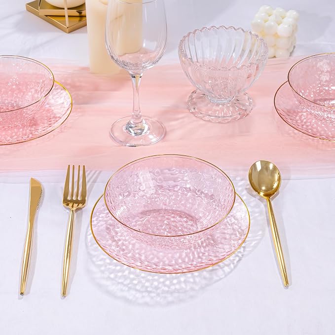 30 Pack 12 Ounce Pink Plastic Bowls Hammered Clear Bowl - Image 2