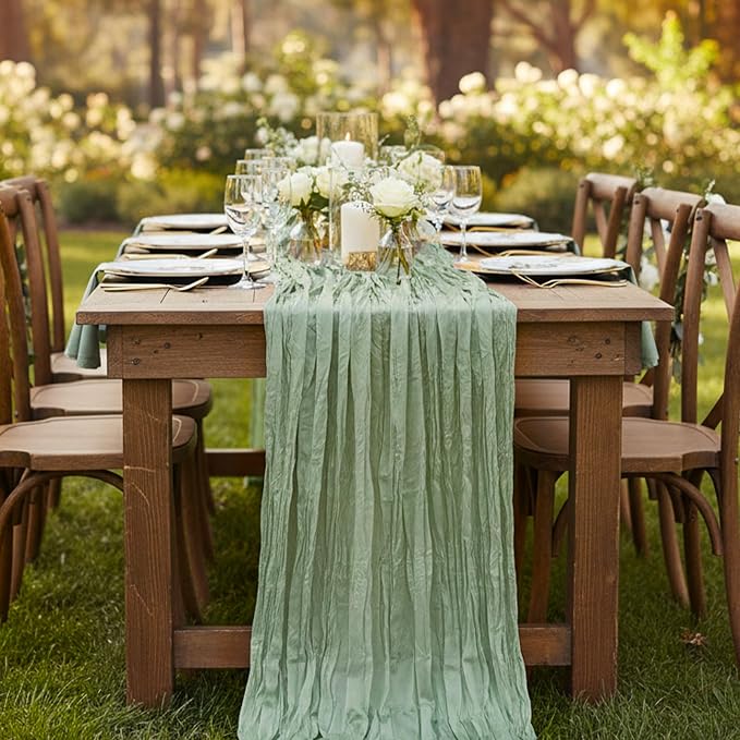 6 Pack Sage Green Cheesecloth Table Runner 120 Inch Boho Wedding Decor | - Image 7