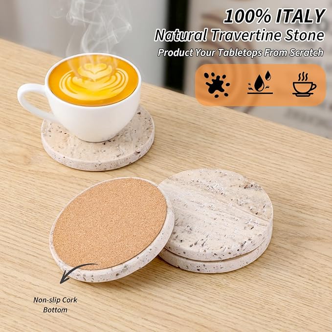 Travertine Coasters Set of 4, Marble Absorbent Coaster - Image 3