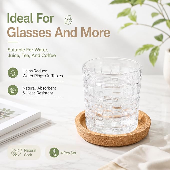 Cobee 4 Pack Cork Coasters, Absorbent Round Cup Coasters - Image 4