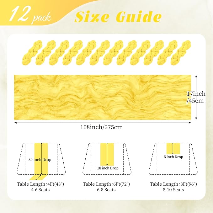12 Pack Lemon Yellow Cheesecloth Table Runner 17x108 Inch Semi Sheer Boho Gauze - Image 2