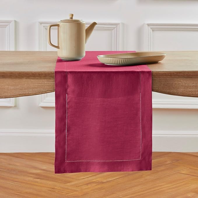 Solino Home 100% Pure Linen Dining Table Runner Beet Hemstitch, 14 x 144 in | by SolinoHome