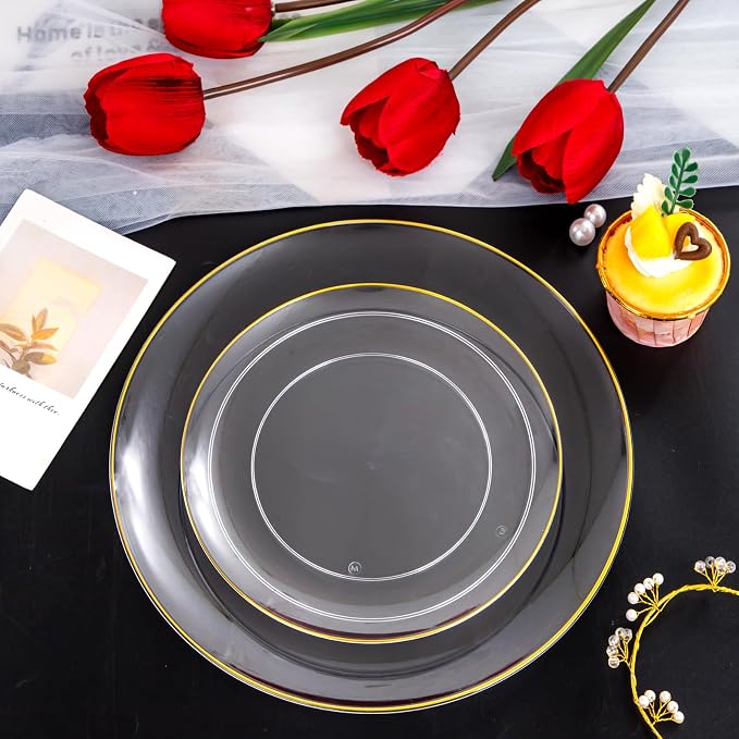 PULOTE 100PCS Clear and Gold Plastic Plates - Image 3