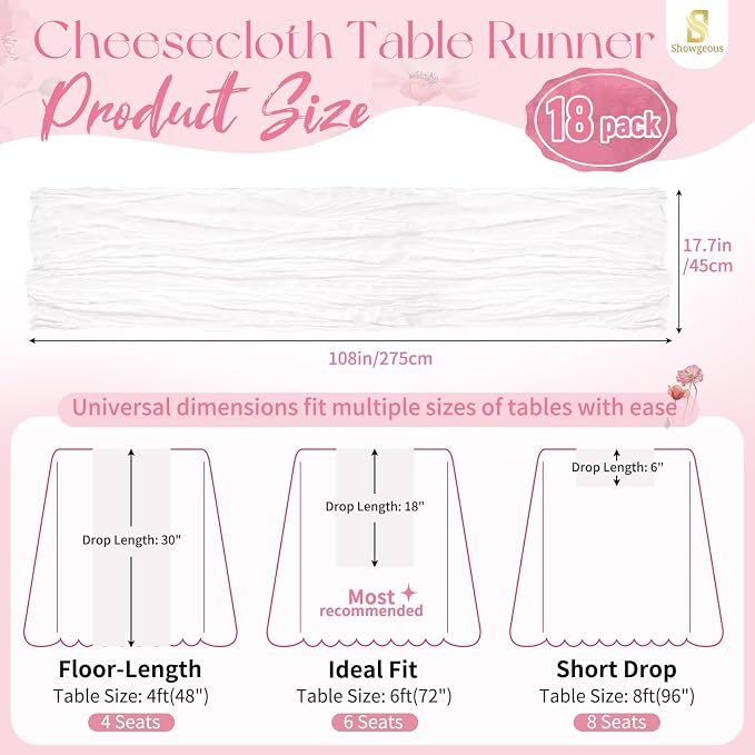 Showgeous 18 Pack White Cheesecloth Table Runner, 17 x 108 Inches | Boho - Image 2