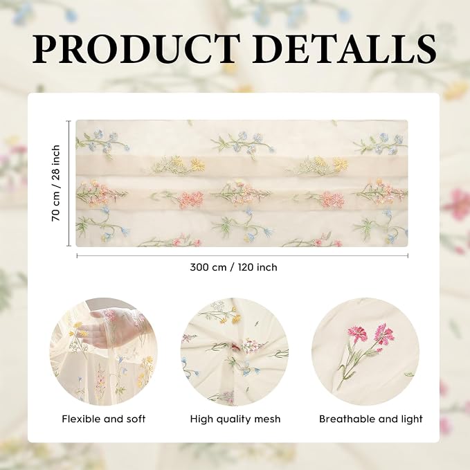 Artoid Mode 3PC Wildflower Floral Beige Apricot Gauze Embroidery Table Runner - Image 6