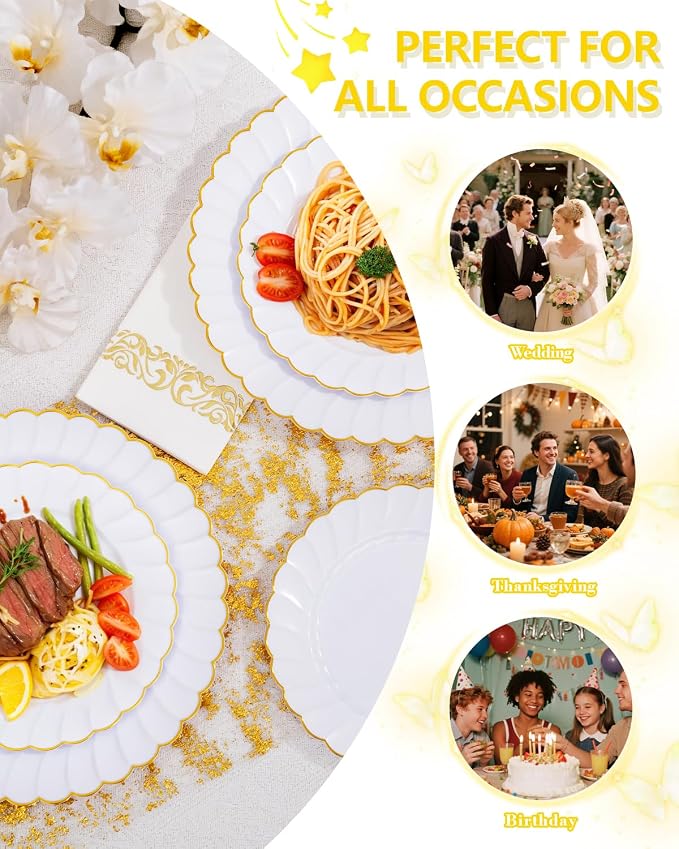 YOUBET 175PCS White and Gold Scalloped Plastic Plates - Image 7