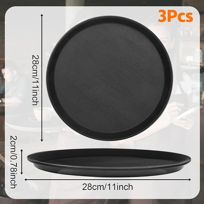 Mwellewm 3 Pcs Round Serving Tray, 11 Inch Non Slip Surface Round Tray Black - Image 4