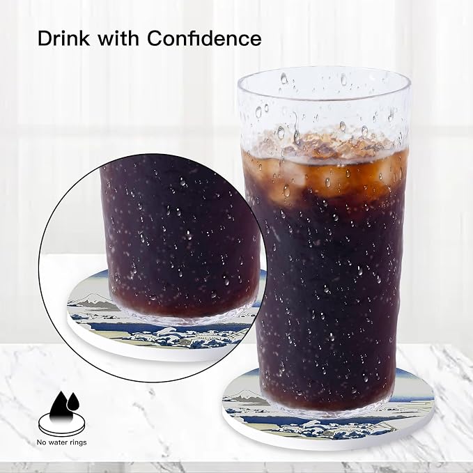 Ceramic Coasters Absorbent Non Slip 6pcs 4 Inch Coaster Ukiyo-e | Drink Coasters - Image 3