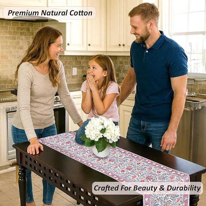 Hand Block Printed Table Runner 16x90 – Pigeon Blue Cotton Runner - Image 2