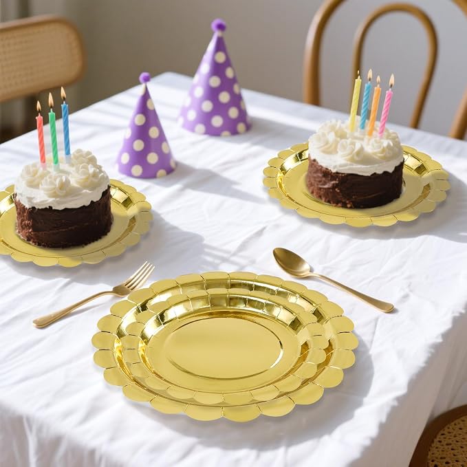 50 Pcs Gold Scalloped Paper Plates 25 × 7'' and 25 × 9'' Disposable Gold - Image 6