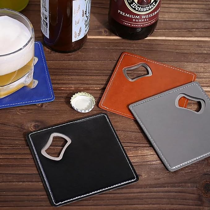 PU Leather Drink Coaster with Bottle Opener Stainless Steel Bartender Beer - Image 5