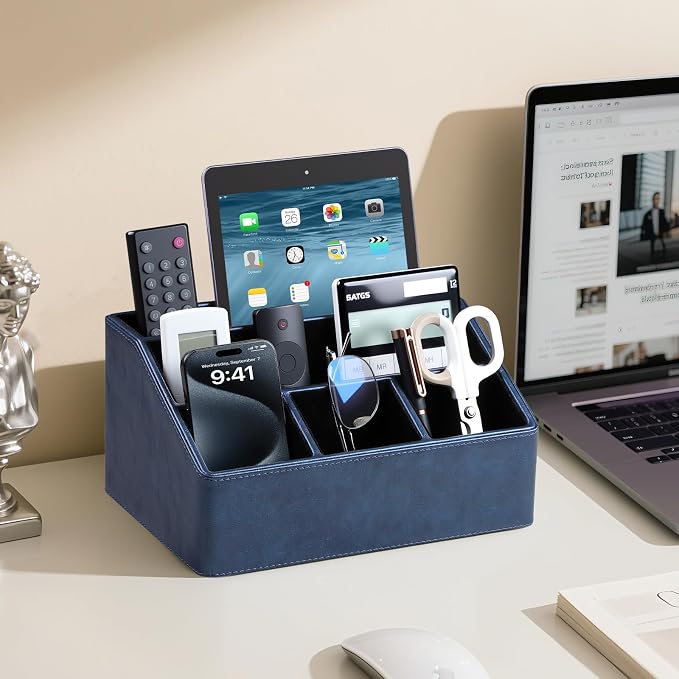 PU Leather Desk Organizer, Remote Control Holder, Dark Blue | Luxury Nightstand - Image 3